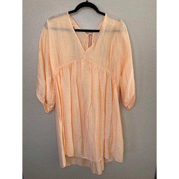 H&M Womens‎ Peach Tunic Dress XL V-Neck Puff Sleeves Viscose Blend oversized - Picture 2 of 7